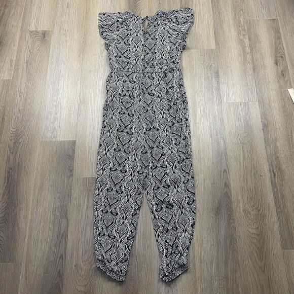 By Anthropologie Jumpsuit Womens 10 Black White Paisley Ruffle Neck Jogger Cuff - Picture 6 of 9